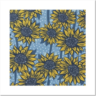 Blue and Yellow Sunflowers on a Blue Background with Polka Dots Repeat Pattern Posters and Art